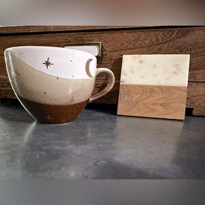 Ceramic Brown Mugs & Solid Oak Wood Coasters Stoneware Mug Set